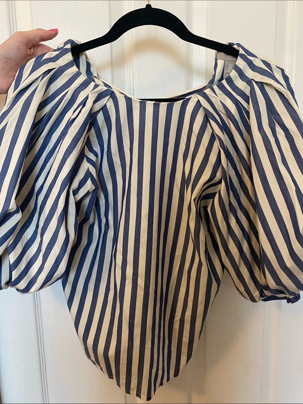 H&M Blue and White Vertical Stripe Puff-Sleeve Blouse